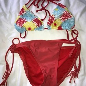 red crochet flower bikini set